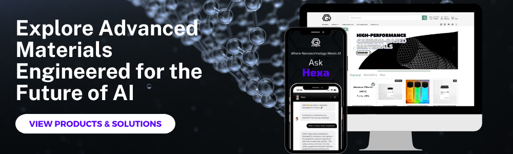 Visual featuring advanced materials technology for next-generation medical solutions. Includes desktop and mobile interface displaying carbon-based nanomaterials, AI chatbot 